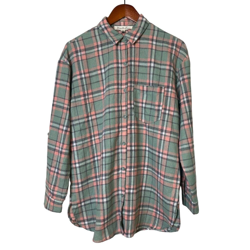 Vine & Love Pink Green and White Plaid Button-Down Shirt Women's Size Small